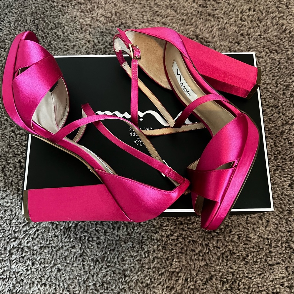 Nina Pink Satin T-Strap Heels